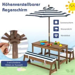 Kindersitzgruppe mit Sonnenschirm & Sitzbänken & Kissen Picknicktisch Kindersitzgarnitur aus Holz