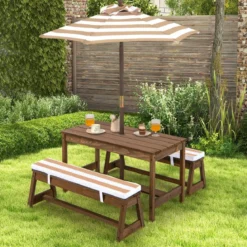 Kindersitzgruppe mit Sonnenschirm & Sitzbänken & Kissen Picknicktisch Kindersitzgarnitur aus Holz