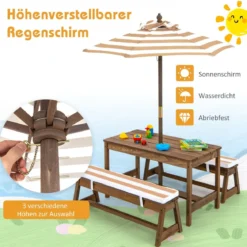 Kindersitzgruppe mit Sonnenschirm & Sitzbänken & Kissen Picknicktisch Kindersitzgarnitur aus Holz