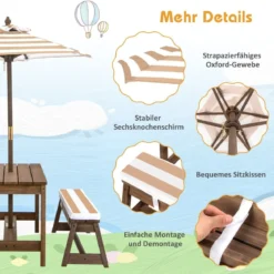 Kindersitzgruppe mit Sonnenschirm & Sitzbänken & Kissen Picknicktisch Kindersitzgarnitur aus Holz