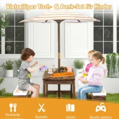 Kindersitzgruppe mit Sonnenschirm & Sitzbänken & Kissen Picknicktisch Kindersitzgarnitur aus Holz
