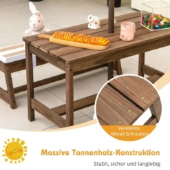 Kindersitzgruppe mit Sonnenschirm & Sitzbänken & Kissen Picknicktisch Kindersitzgarnitur aus Holz