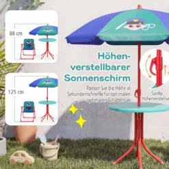 Kindersitzgruppe mit Sonnenschirm 4-Teilige Kindersitzgarnitur mit Tisch und 2 Klappstühlen Blau & Grün