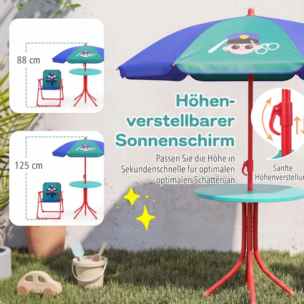 Kindersitzgruppe mit Sonnenschirm 4-Teilige Kindersitzgarnitur mit Tisch und 2 Klappstühlen Blau & Grün