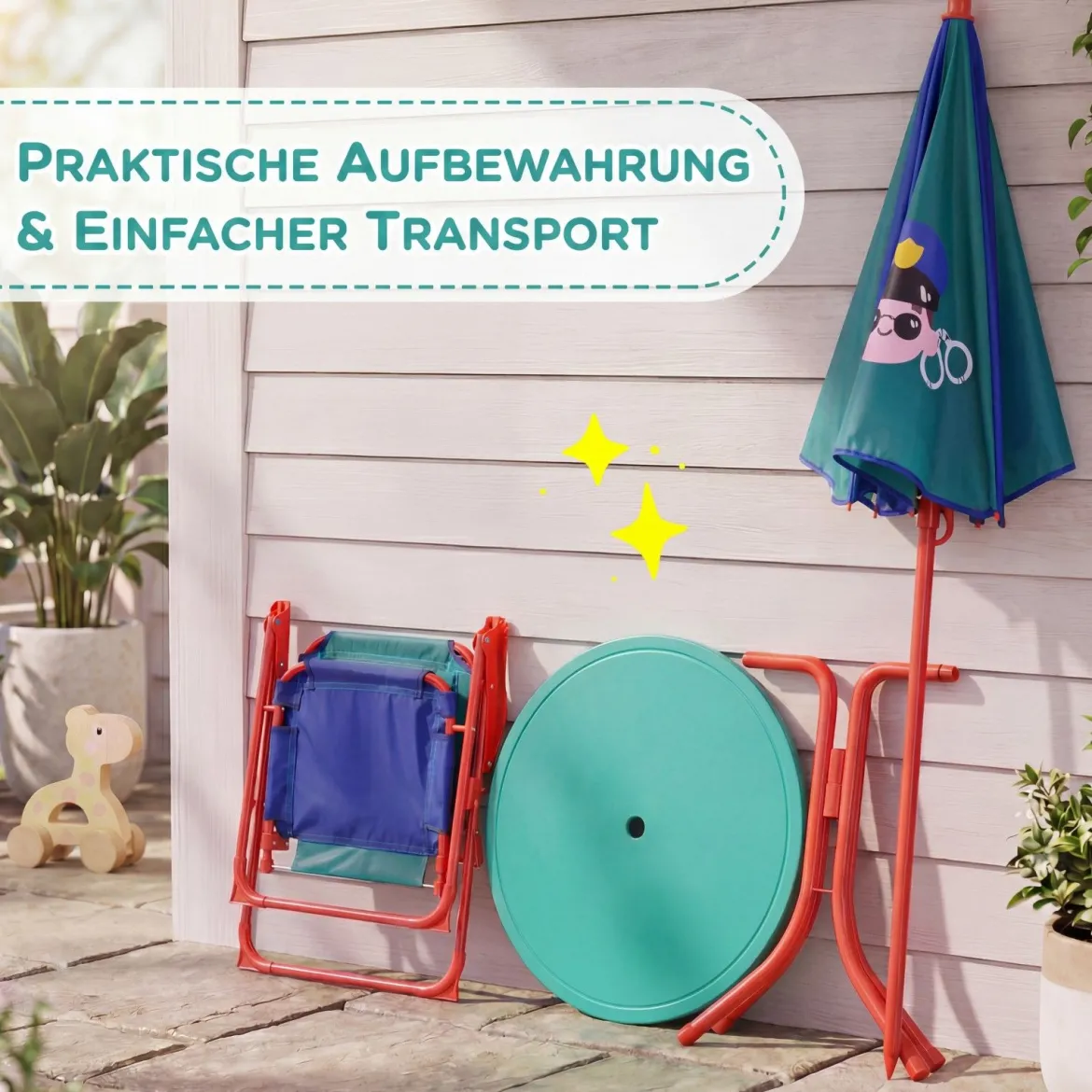 Kindersitzgruppe mit Sonnenschirm 4-Teilige Kindersitzgarnitur mit Tisch und 2 Klappstühlen Blau & Grün