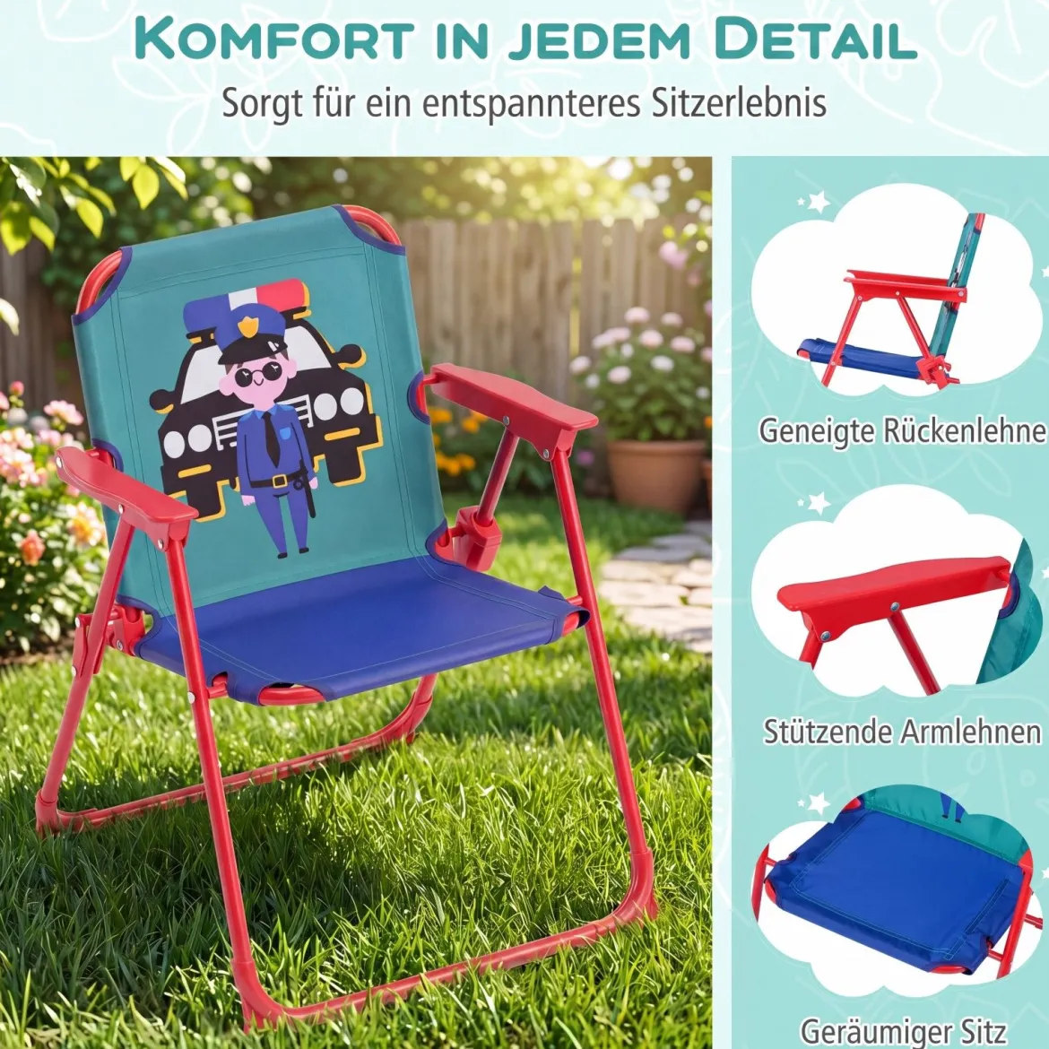 Kindersitzgruppe mit Sonnenschirm 4-Teilige Kindersitzgarnitur mit Tisch und 2 Klappstühlen Blau & Grün