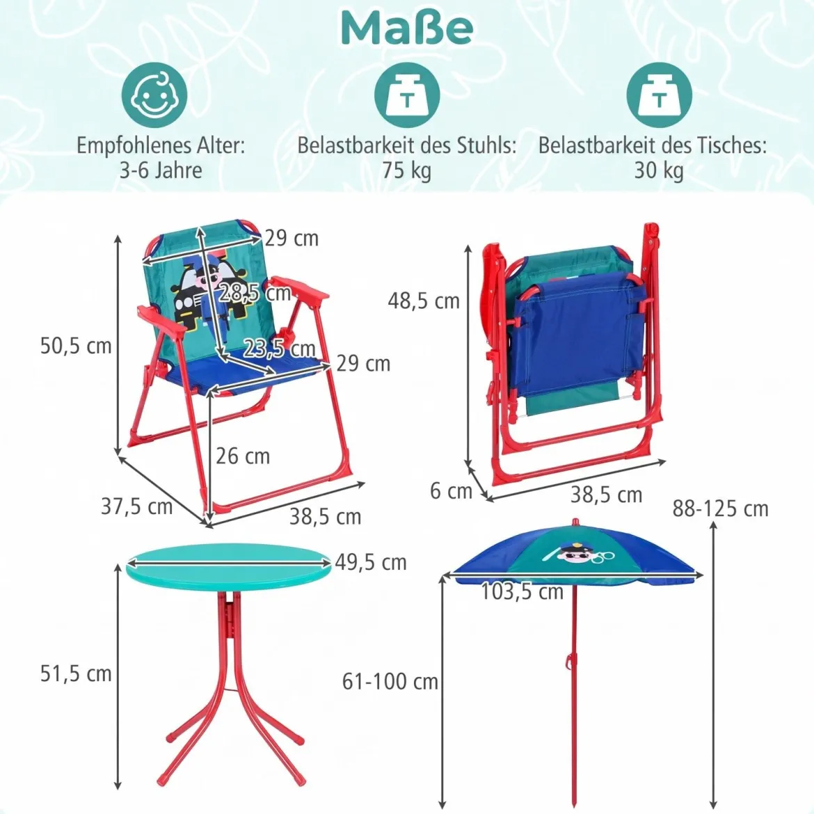 Kindersitzgruppe mit Sonnenschirm 4-Teilige Kindersitzgarnitur mit Tisch und 2 Klappstühlen Blau & Grün