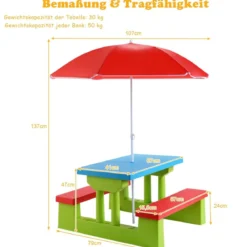 Kindersitzgruppe Sitzgarnitur Kindertisch Bank Picknickbank Kindermöbel mit Sonnenschirm