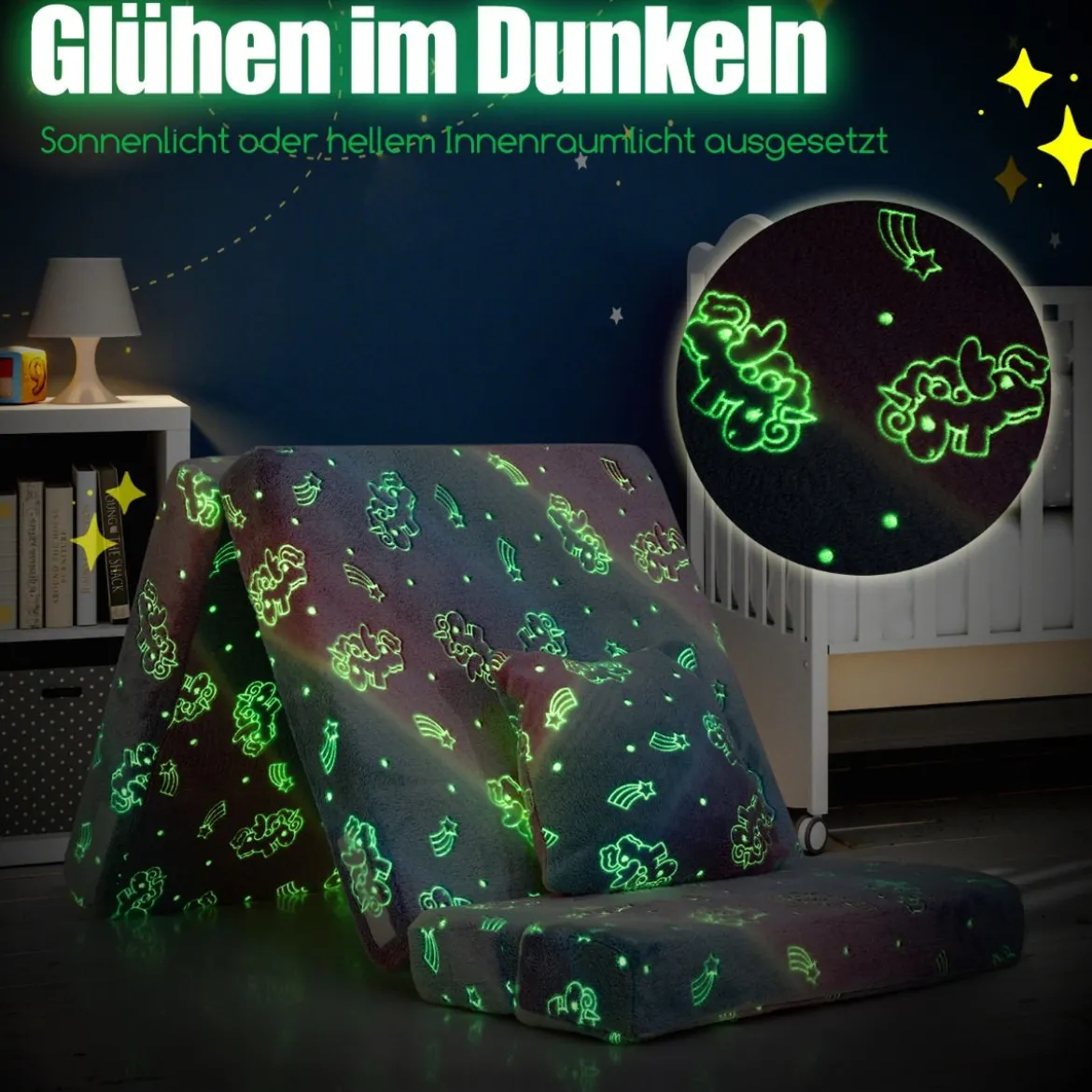 Kindersofa aufklappbar mit Kissen 4 in 1 Spielsofa im Dunkeln Leuchtend Klappsofa Kindersessel Mehrfarbig
