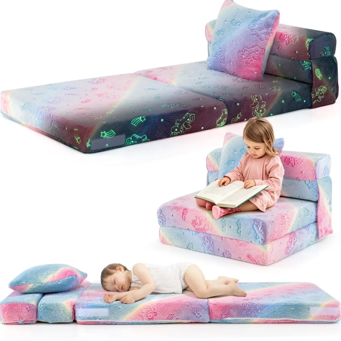 Kindersofa aufklappbar mit Kissen 4 in 1 Spielsofa im Dunkeln Leuchtend Klappsofa Kindersessel Mehrfarbig