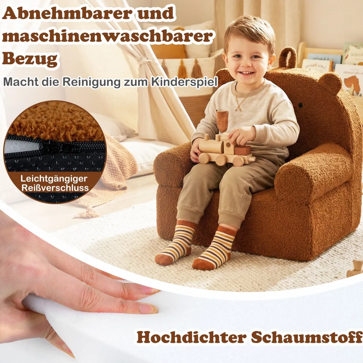 Kindersofa Bär Kindersessel mit abnehmbarem Teddy-Fleece Bezug & Schaumstoff Braun
