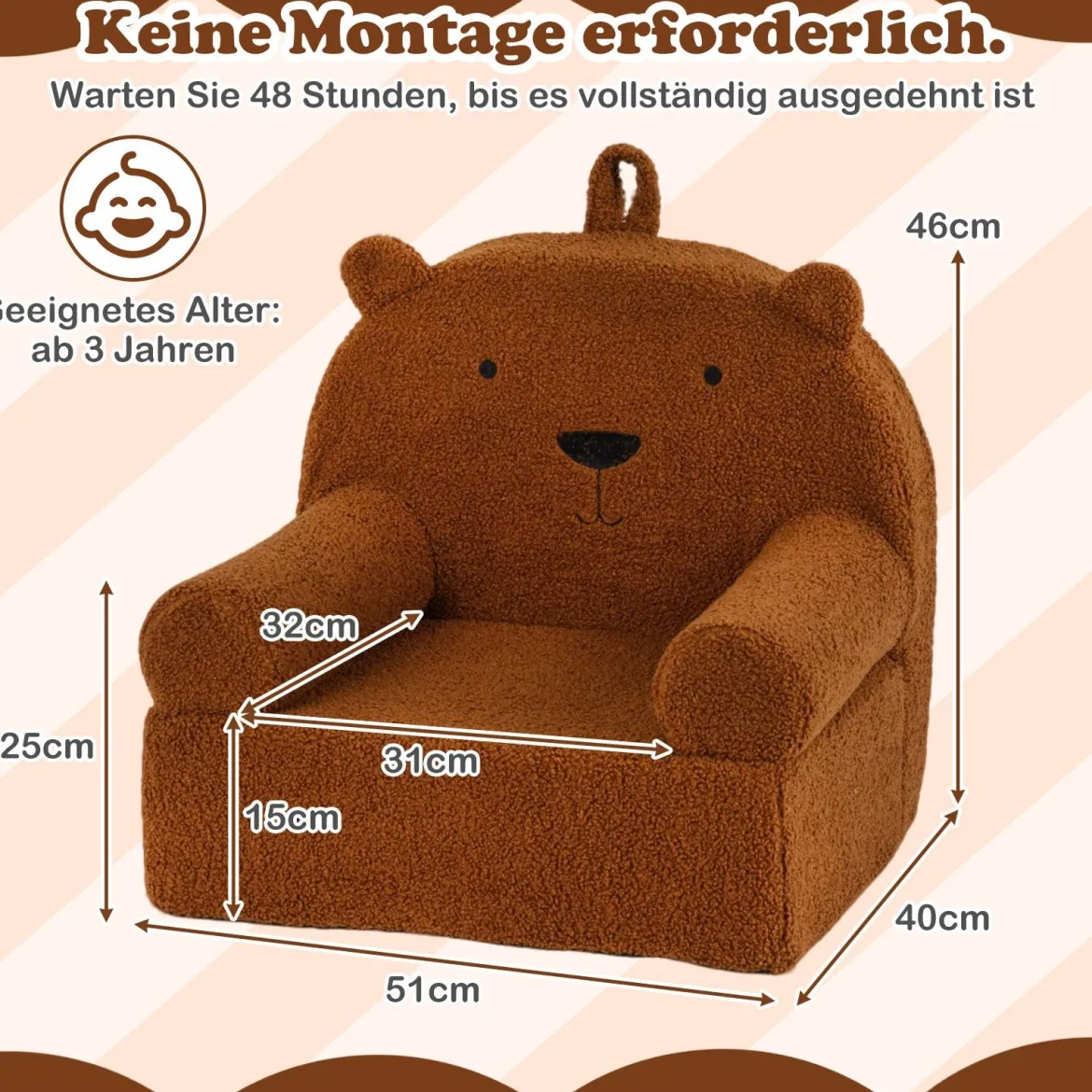 Kindersofa Bär Kindersessel mit abnehmbarem Teddy-Fleece Bezug & Schaumstoff Braun