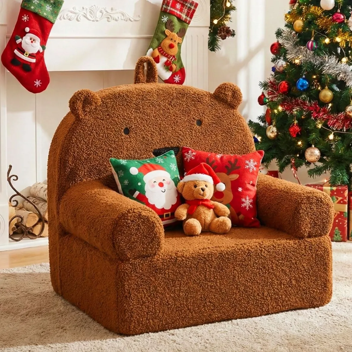 Kindersofa Bär Kindersessel mit abnehmbarem Teddy-Fleece Bezug & Schaumstoff Braun