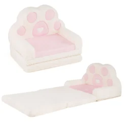 Kindersofa 2 in 1 Kindersessel Ausklappbar Kindercouch mit Abnehmbarem Bezug in Bärenpfoten-Design Rosa
