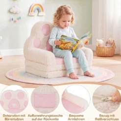 Kindersofa 2 in 1 Kindersessel Ausklappbar Kindercouch mit Abnehmbarem Bezug in Bärenpfoten-Design Rosa
