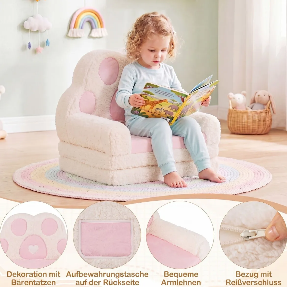 Kindersofa 2 in 1 Kindersessel Ausklappbar Kindercouch mit Abnehmbarem Bezug in Bärenpfoten-Design Rosa