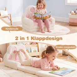 Kindersofa 2 in 1 Kindersessel Ausklappbar Kindercouch mit Abnehmbarem Bezug in Bärenpfoten-Design Rosa