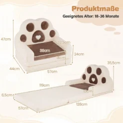 Kindersofa 2 in 1 Kindersessel Ausklappbar Kindercouch mit Abnehmbarem Bezug Braun