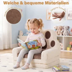Kindersofa 2 in 1 Kindersessel Ausklappbar Kindercouch mit Abnehmbarem Bezug Braun