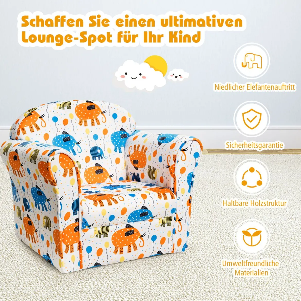 Kindersofa Kindersessel mit Elefantenmuster Kindercouch mit Holzrahmen 50 x 37,5 x 43 cm Bunt