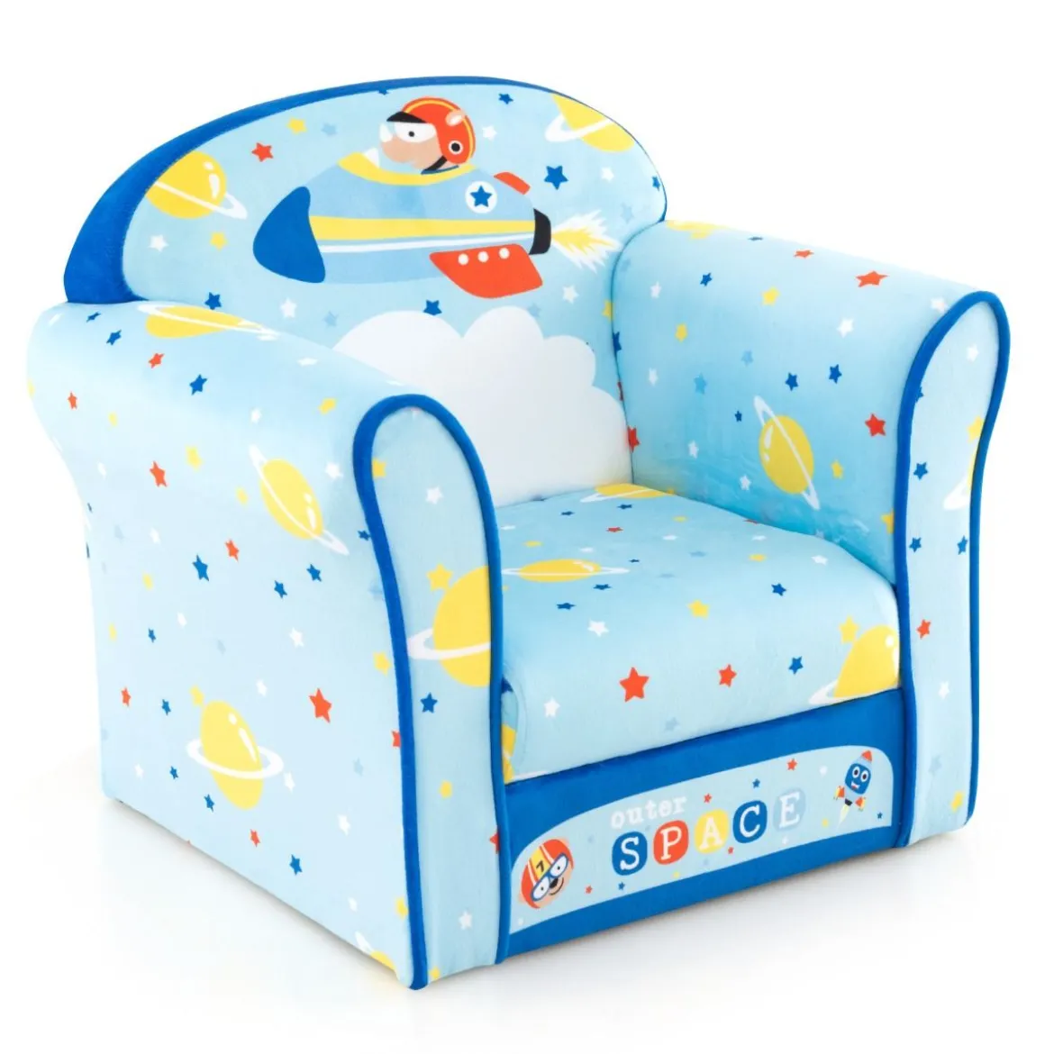 Kinder-Sofa Kleinkinder Polster-Armlehnenstuhl mit massivem Holzrahmen 50 x 40 x 44 cm (Raumschiff)
