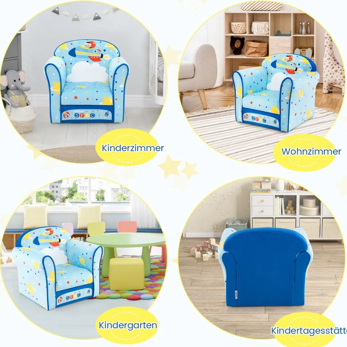 Kinder-Sofa Kleinkinder Polster-Armlehnenstuhl mit massivem Holzrahmen 50 x 40 x 44 cm (Raumschiff)