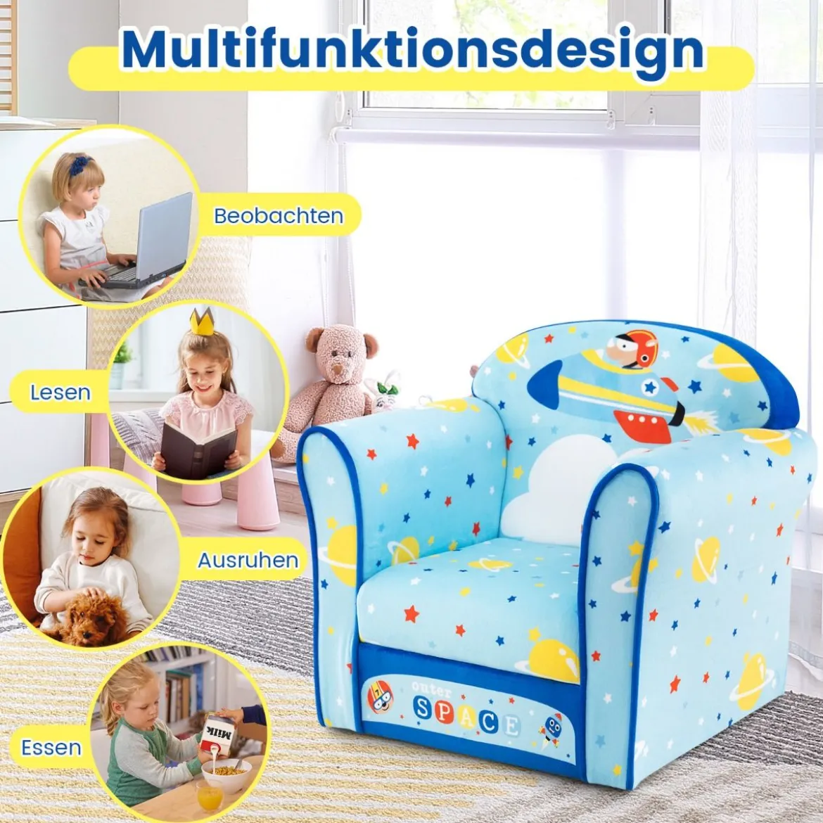 Kinder-Sofa Kleinkinder Polster-Armlehnenstuhl mit massivem Holzrahmen 50 x 40 x 44 cm (Raumschiff)