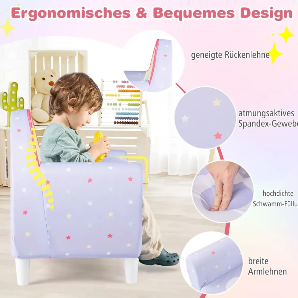Kindersofa mit Rückenlehne & Armlehne Gepolsterter Kindersessel Einhorn Lesecouch