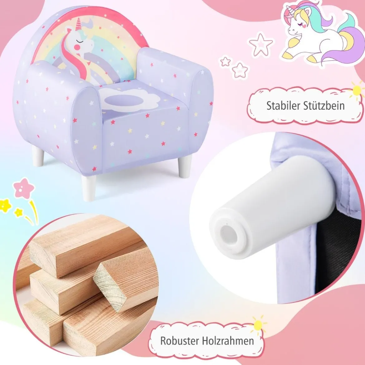 Kindersofa mit Rückenlehne & Armlehne Gepolsterter Kindersessel Einhorn Lesecouch