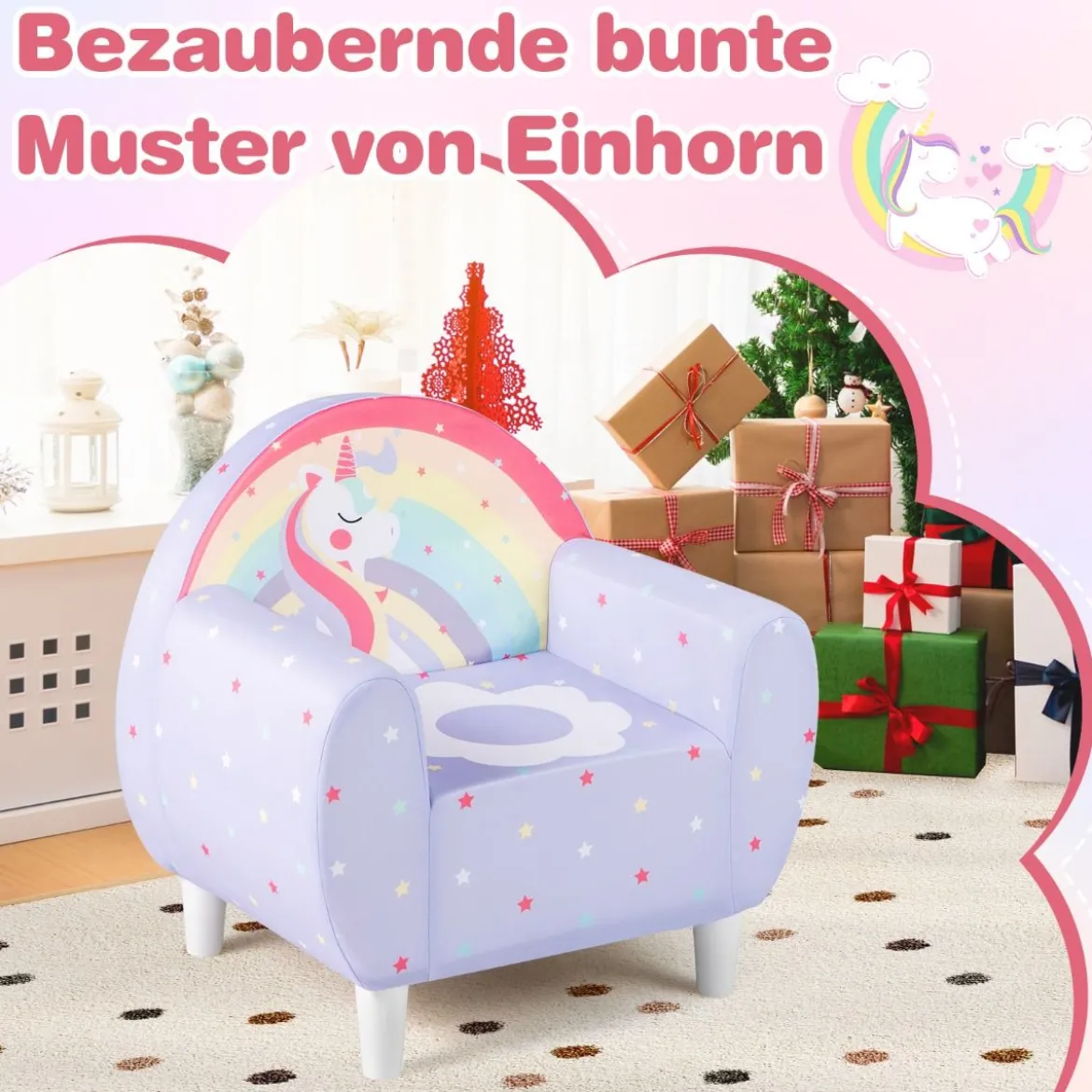 Kindersofa mit Rückenlehne & Armlehne Gepolsterter Kindersessel Einhorn Lesecouch