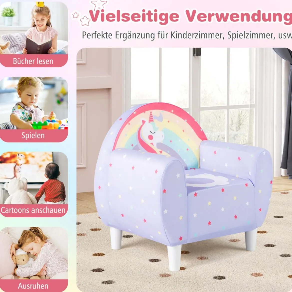 Kindersofa mit Rückenlehne & Armlehne Gepolsterter Kindersessel Einhorn Lesecouch
