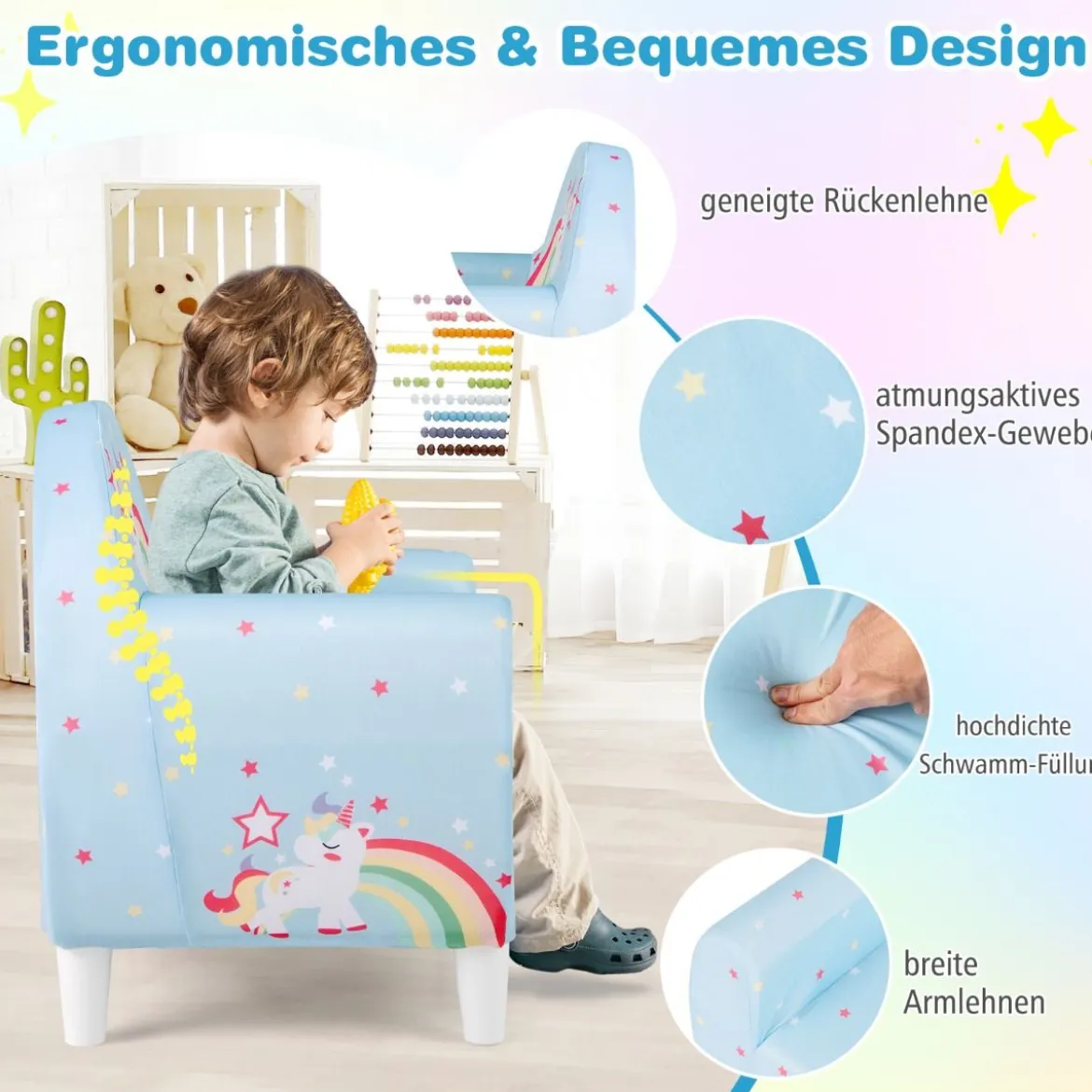 Kindersofa mit Rückenlehne & Armlehne Gepolsterter Kindersessel Einhorn Lesecouch