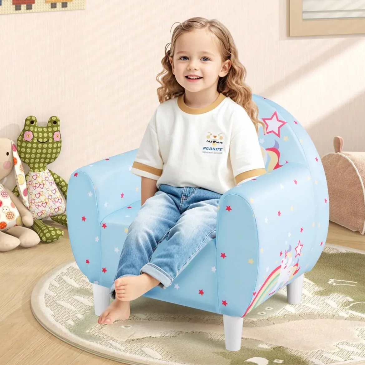 Kindersofa mit Rückenlehne & Armlehne Gepolsterter Kindersessel Einhorn Lesecouch