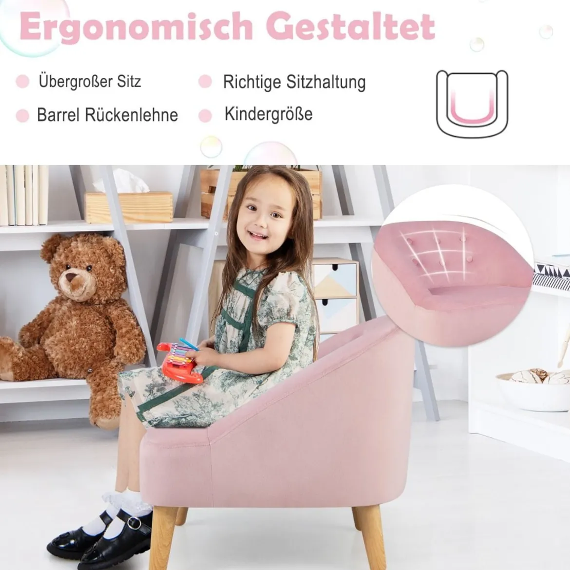 Kinder-Sofa-Set und Ottomane Einzel-Sofa-Stuhl für Kleinkinder mit Passendem Hocker Rosa
