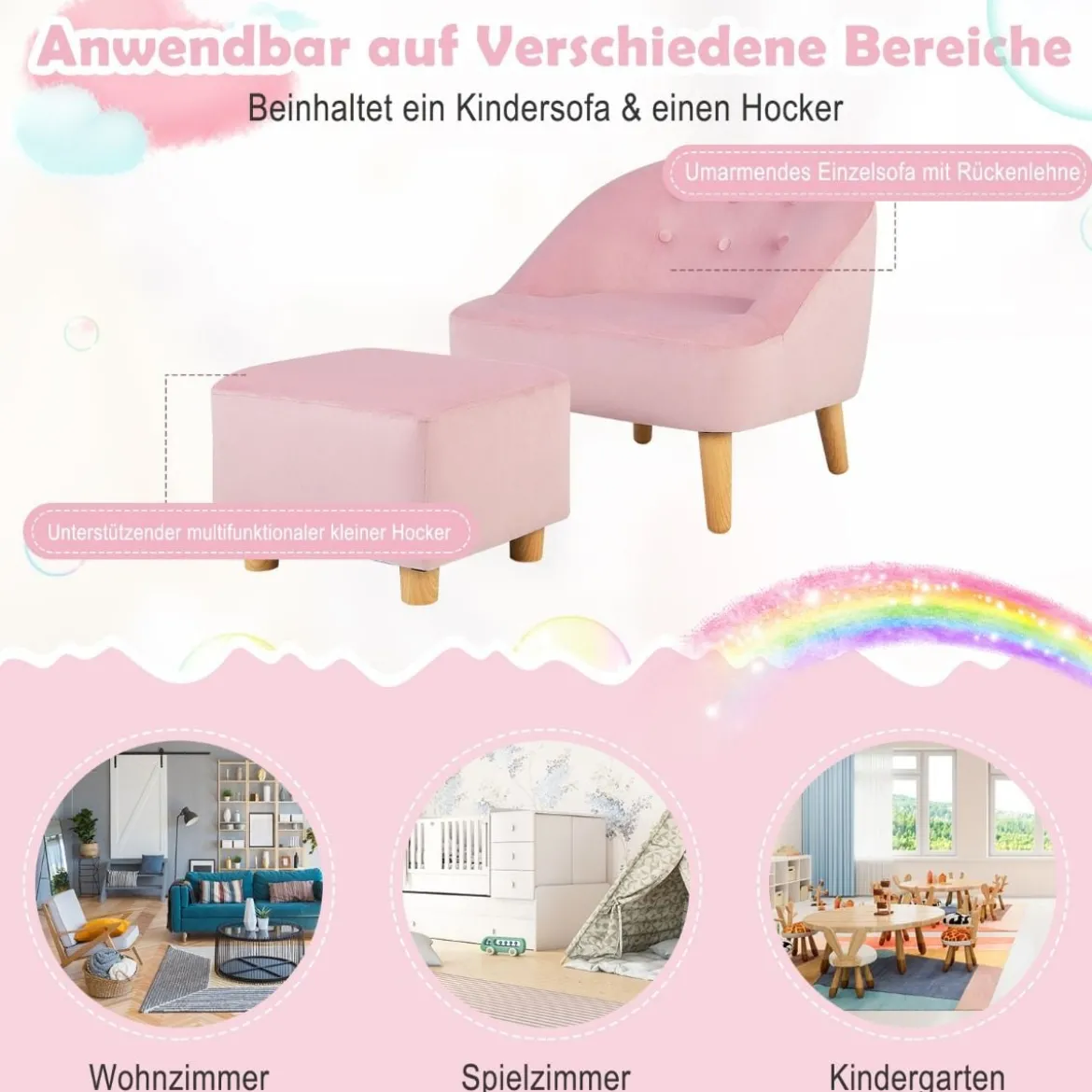 Kinder-Sofa-Set und Ottomane Einzel-Sofa-Stuhl für Kleinkinder mit Passendem Hocker Rosa