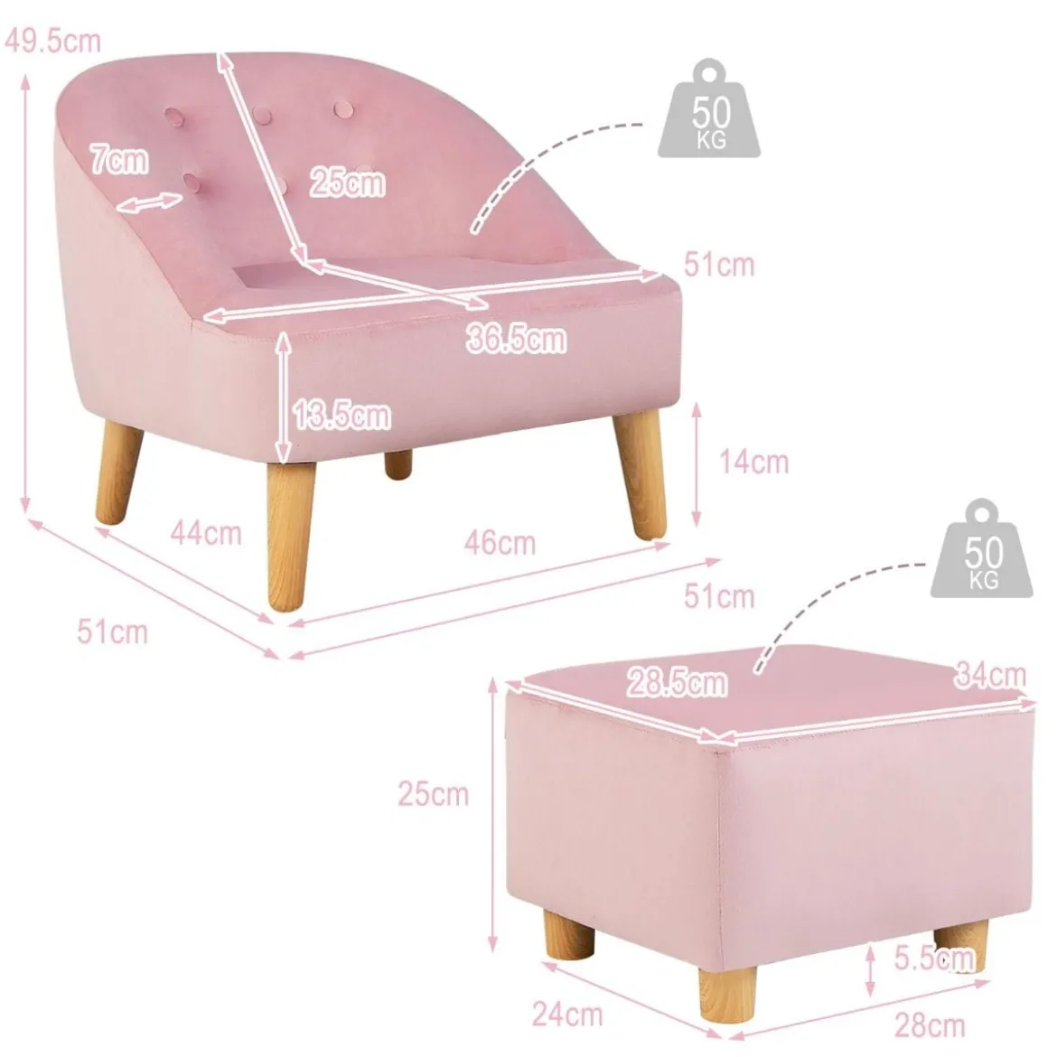 Kinder-Sofa-Set und Ottomane Einzel-Sofa-Stuhl für Kleinkinder mit Passendem Hocker Rosa