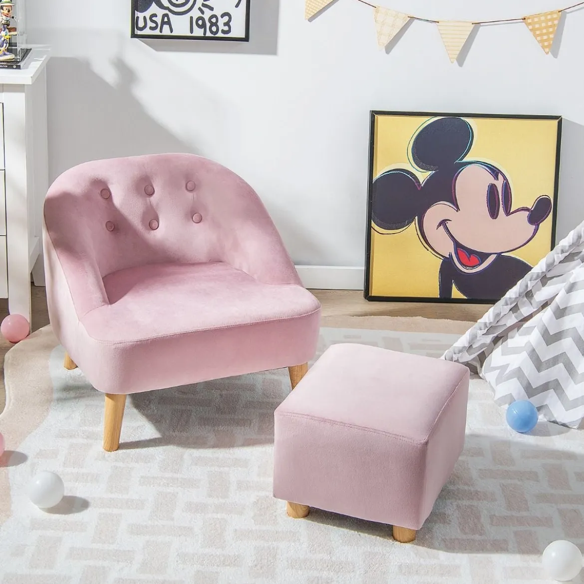 Kinder-Sofa-Set und Ottomane Einzel-Sofa-Stuhl für Kleinkinder mit Passendem Hocker Rosa