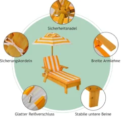 Kinder Sonnenliege mit Sonnenschirm Kinderliege Holz 92 x 49 x 106 cm Gelb + Weiß