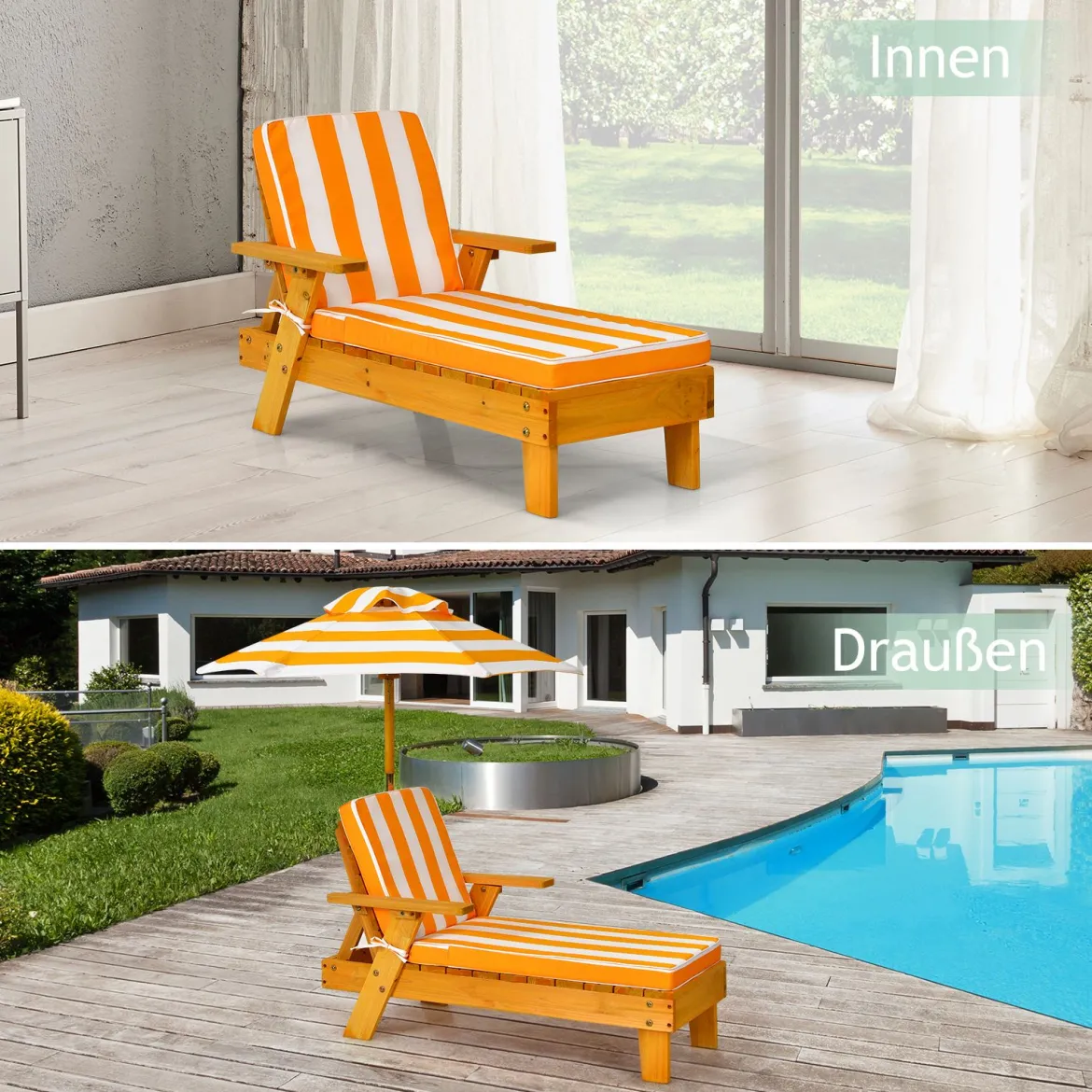 Kinder Sonnenliege mit Sonnenschirm Kinderliege Holz 92 x 49 x 106 cm Gelb + Weiß