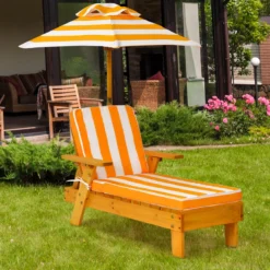 Kinder Sonnenliege mit Sonnenschirm Kinderliege Holz 92 x 49 x 106 cm Gelb + Weiß