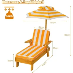 Kinder Sonnenliege mit Sonnenschirm Kinderliege Holz 92 x 49 x 106 cm Gelb + Weiß
