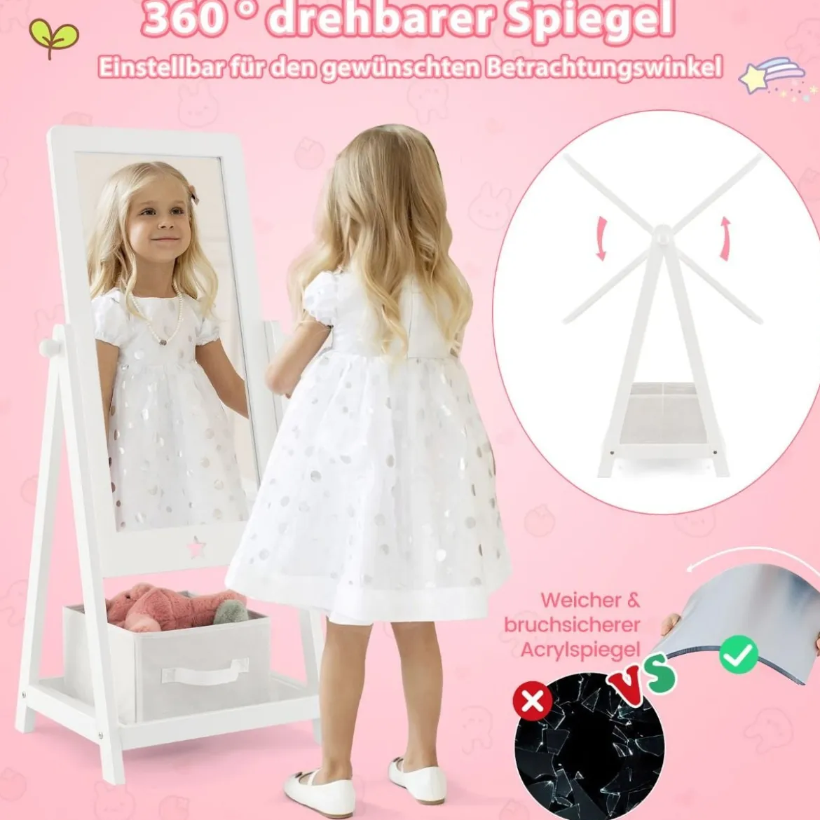 Kinderspiegel aus Holz Freistehender Schminkspiegel in voller Länge 45 x 40 x 112 cm