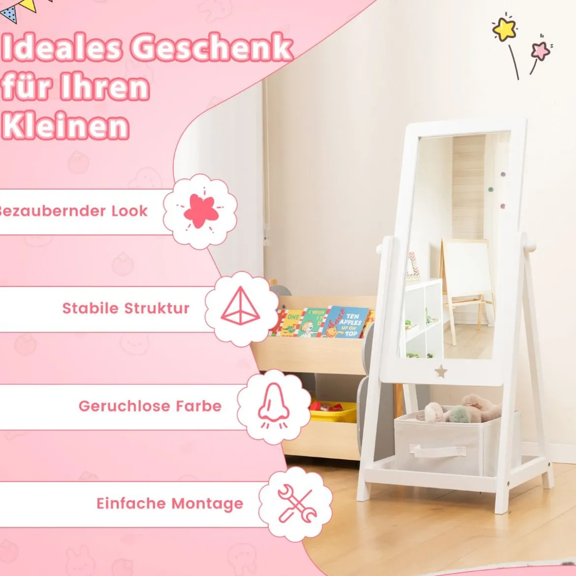 Kinderspiegel aus Holz Freistehender Schminkspiegel in voller Länge 45 x 40 x 112 cm