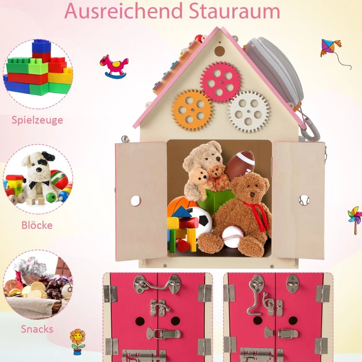 Kinder Spielhaus aus Holz mit Sinnesspielen und Stauraum für Kinder ab 3 J. Rosa