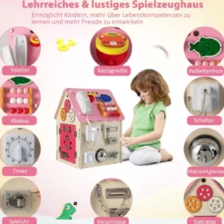 Kinder Spielhaus aus Holz mit Sinnesspielen und Stauraum für Kinder ab 3 J. Rosa