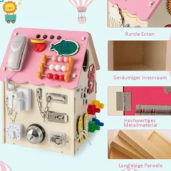 Kinder Spielhaus aus Holz mit Sinnesspielen und Stauraum für Kinder ab 3 J. Rosa