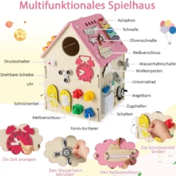 Kinder Spielhaus aus Holz mit Sinnesspielen und Stauraum für Kinder ab 3 J. Rosa