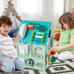 Kinder Spielhaus aus Holz mit Sinnesspielen und Stauraum für Kinder ab 3 J. Blau