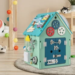 Kinder Spielhaus aus Holz mit Sinnesspielen und Stauraum für Kinder ab 3 J. Blau