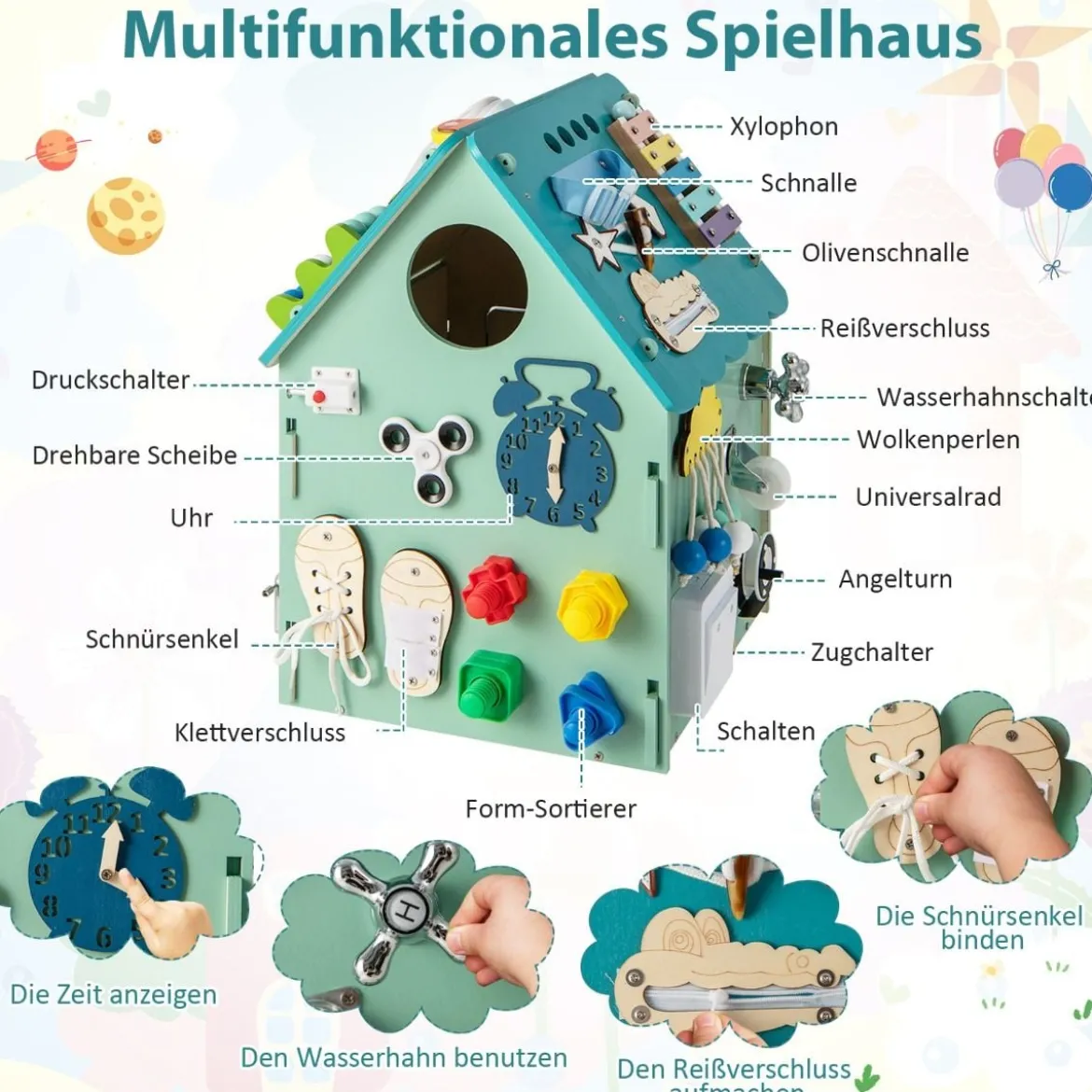 Kinder Spielhaus aus Holz mit Sinnesspielen und Stauraum für Kinder ab 3 J. Blau